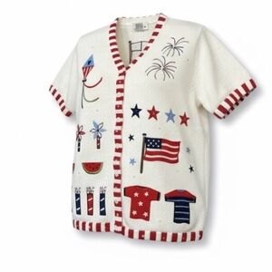 Vintage Quacker Factory Americana Flag Novelty Cardigan Sweater Womens Large